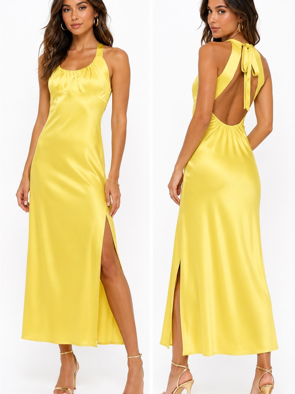 Lulus Certainly Glorious Chartreuse Satin Backless Midi Slip Dress Size L NWOT